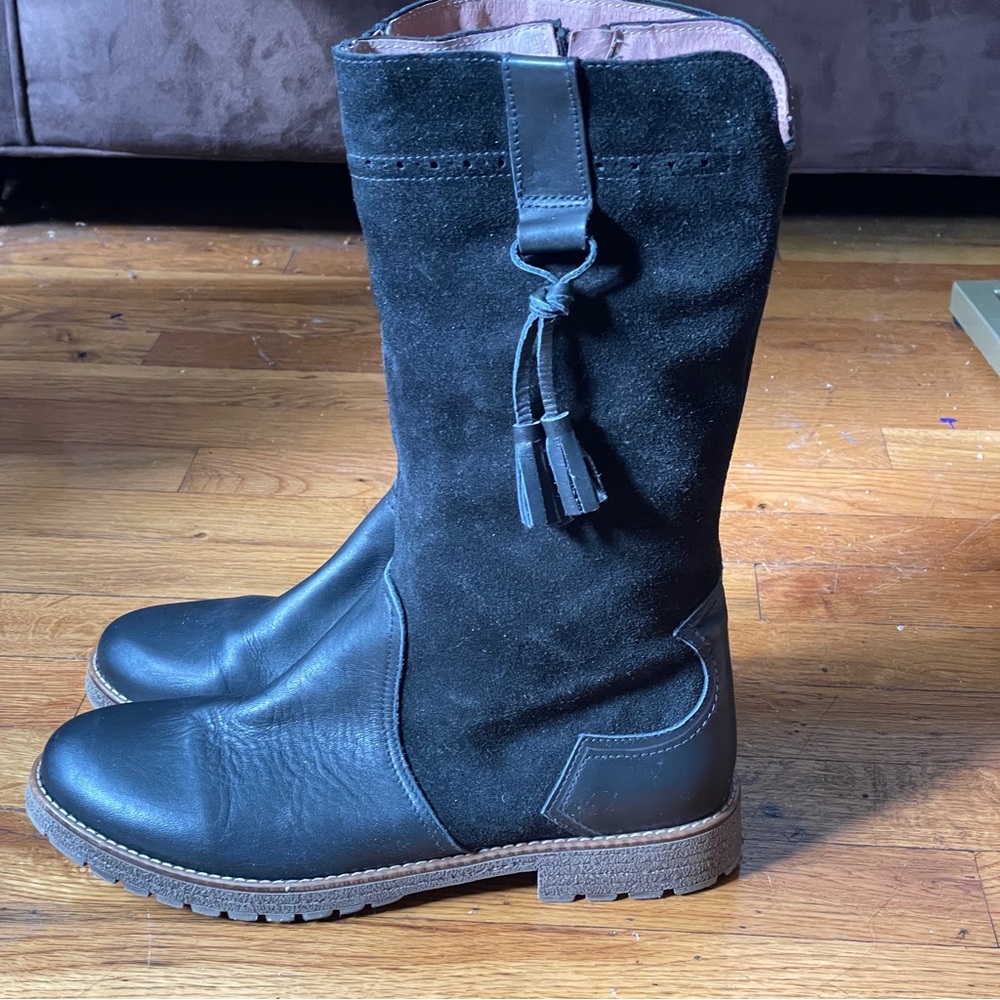 NEW Cyrillus Paris Black Leather Suede Mid Calf Boot Flat tassel country western